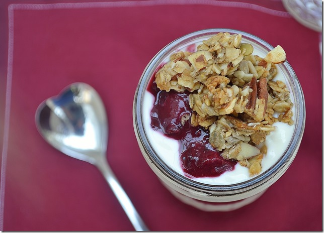 Rhubarb + Berry Compote, Yogurt + Granola Parfait, overhead