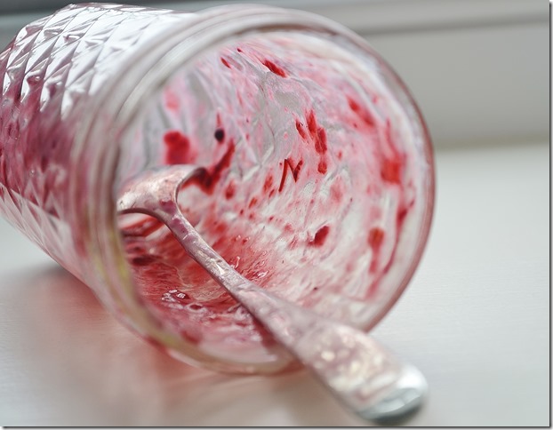 Rhubarb + Berry Compote, Yogurt + Granola Parfait, empty mason jar